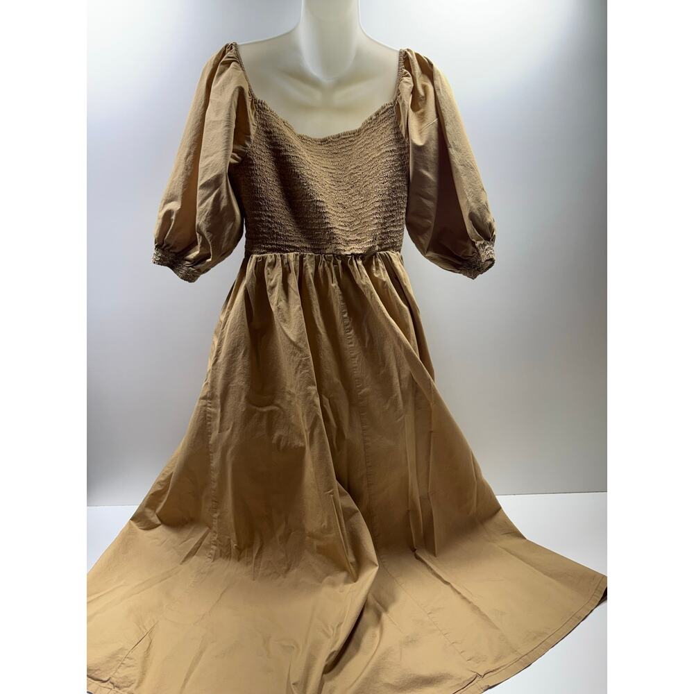 Old Navy Women’s Sz L Midi Dress Tan Puff Sleeve Smocked Cottage Core Peasant - Picture 2 of 9
